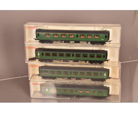 Fleischmann HO Gauge Southern Railway Coaching Stock, four cased coaches all in SR green livery 5146, 5147 (2), 5148,  G-E, c