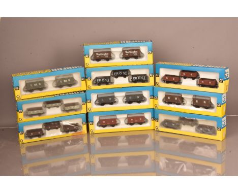 OO Gauge Graham Farish Goods Wagons, boxed trios and pairs of wagons, comprises five packs of three plank wagons, Frost, LMS,