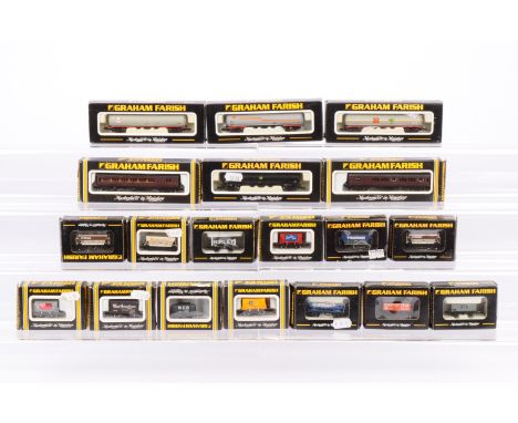 Graham Farish N Gauge Goods Wagons and Coaches, all boxed private and owner and others, bogie tank wagons 373-551. 373-552, 3
