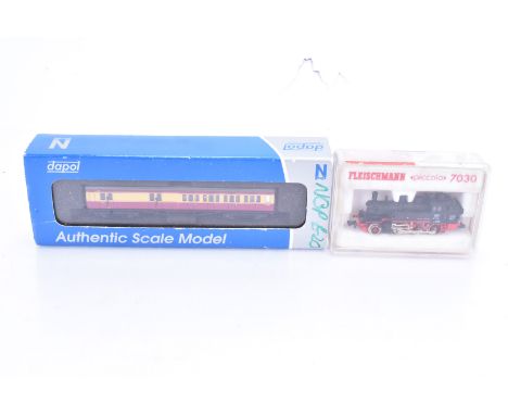 Fleischmann Piccolo Steam Tank Locomotive and Dapol BR Coach,  both cased, Fleischmann 7030 BR 91 1001 of the German DB in bl