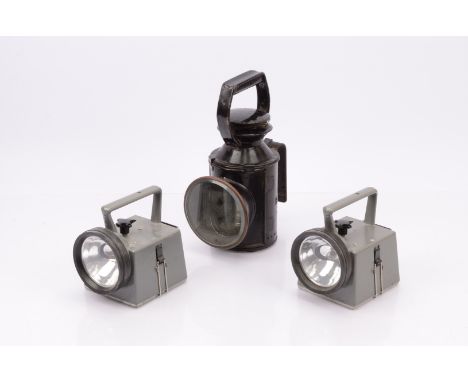 BR/NRS Signal and Inspection Lamps, three hand held examples, one paraffin fuelled of cylinder form painted black with loop h