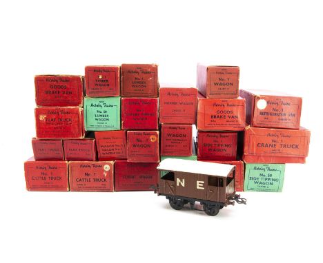 Boxed Post-war Hornby 0 Gauge Freight Stock, including cattle trucks (LMS and NE), Blue Circle cement, SR Milk traffic, Refri