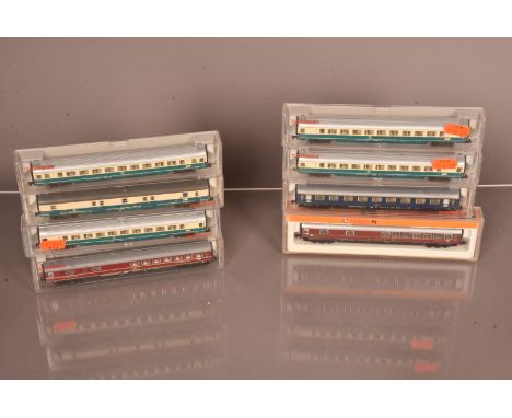 N Gauge German Coaching Stock,  a cased group, Fleischmann DB turquoise and cream livery 8194 (4), 8189, 8110 (DB blue), 8112
