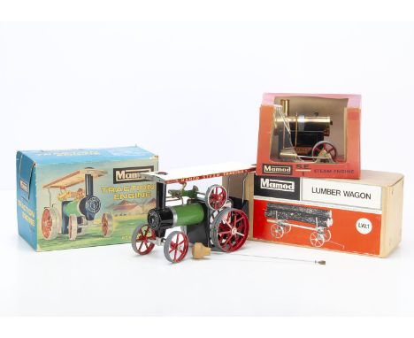 Boxed Mamod TE1a Live Steam Traction Engine LW1 Lumber Wagon and SE1 Stationary Engine, the TE1a in uncommon one-piece openin