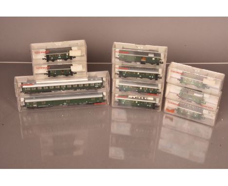 N Gauge Fleischmann German Coaching Stock,  a cased group, all in green livery, DB 8100, 8111 and four wheeled coaches, DB 80