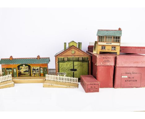 Mostly Pre-war Hornby 0 Gauge Lineside Buildings, including boxed No. 4 'Wembley' station with green tiled roof and speckled 