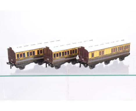ACE Trains 0 Gauge No 4 GWR brown and cream 6-wheel Clerestory Coach Set,  comprising All Third, Third/First and Brake/Third,