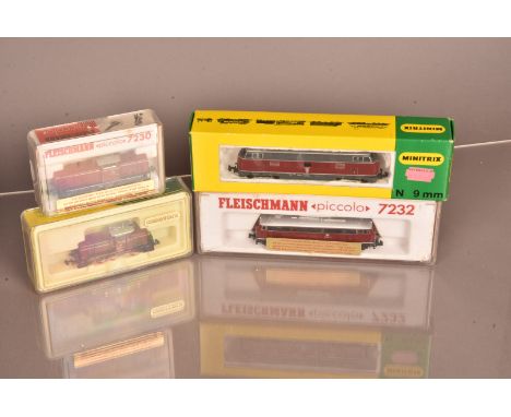 Continental N Gauge Diesel Locomotives, four cased/boxed examples, Minitrix 2960 V 200 137, Fleischmann Piccolo 7232 210 002-