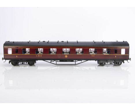 A Gauge 1 LMS 1st class Open Dining Coach, labelled 'Built by JL Judson Spring 2010' and finished in semi-matt LMS crimson as