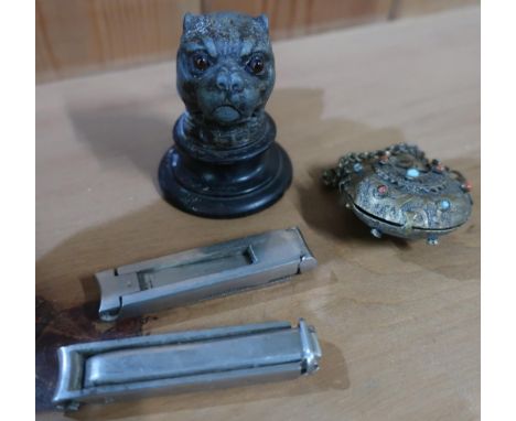 Small mounted cast metal pewter type pugs head with inset glass eyes, eastern brass and stone scent bottle and two Wilkinson 