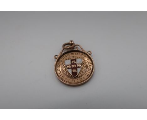 9ct gold Gildersome District League (Leeds) 1912 fob marked C. Smith, with enamel crest by Fattorini of Bradford
