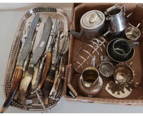 Selection of various plated ware including three piece tea service, toast rack, cream jugs, various carving sets, serving for