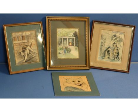 Group of four framed and unframed Louis Wain prints 