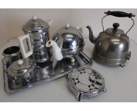 Retro Challenger four piece tea service on tray, pair of kettle stands and a vintage kettle 