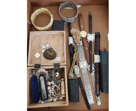 Selection of various ladies and gents wristwatches, costume jewellery, bracelets, 10th Canadians WWI cap badge converted to a