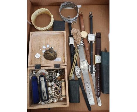 Selection of various ladies and gents wristwatches, costume jewellery, bracelets, 10th Canadians WWI cap badge converted to a