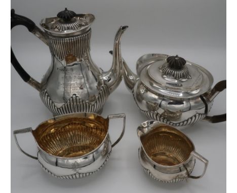 London 1890 silver hallmarked presentation four piece tea service with engraved monogrammed initials inscribed "Presented to 