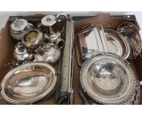 Large collection of silver plates including three piece tea service, tureens, trays etc in two boxes 