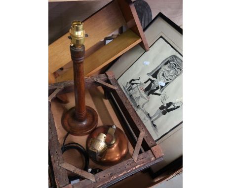 19th C rectangular mahogany footstool (lacking top), copper wall light, turned table lamp, comical Rayner print etc 