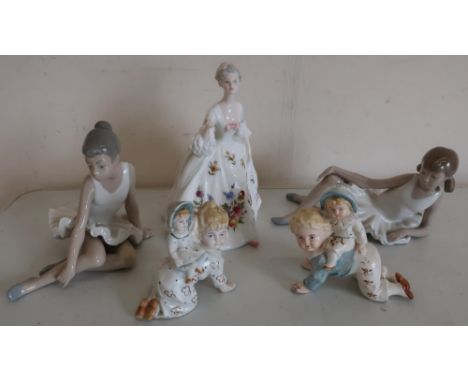 Two Nao ballerina figures, Royal Doulton 'Lady Diana' and two continental figures 