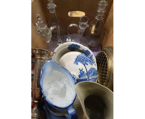 Victorian and later ceramic jugs, decorative plates, brass ware and 19th C &amp; later glass decanters 