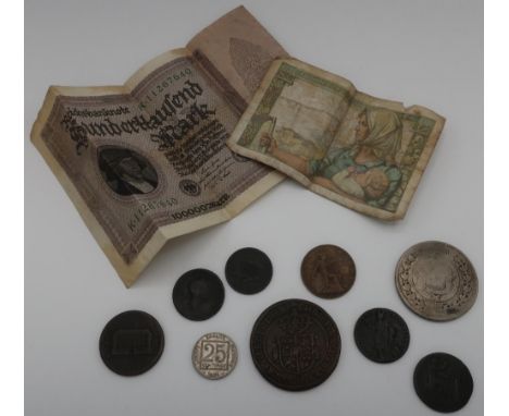 Rectangular box containing a collection of various GB and world coinage, tokens and notes, including Leeds half penny 1791 to