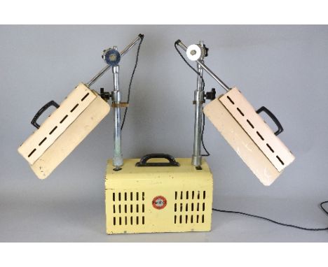 A MID 20TH CENTURY PERIHEL ULTRA VIOLET AND INFRARED HEAT LAMP, with double adjustable arms and curved rectangular shade