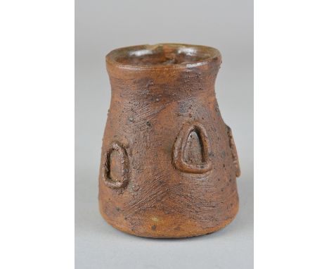 PETER HAYES (B.1946), a small brown ceramic vase with applied decoration to the body, initialled P.H to base, small chip to t