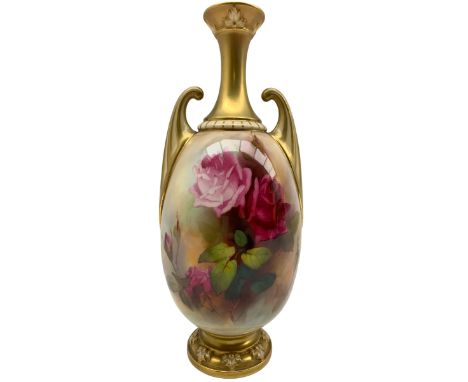 Early 20th century Royal Worcester vase by Harry Martin, of ovoid twin handled form, the body hand painted with roses, signed