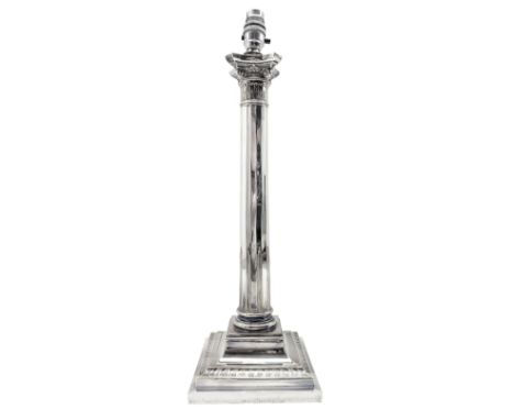 Edwardian silver-plated Corinthian column table lamp, the Corinthian Order capital above a moulded and multifaceted tapering 