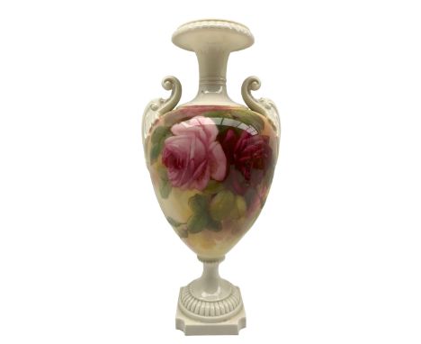 Early 20th century Royal Worcester vase by Sedgley, of ovoid form with twin acanthus and scroll mounted handles, the body han