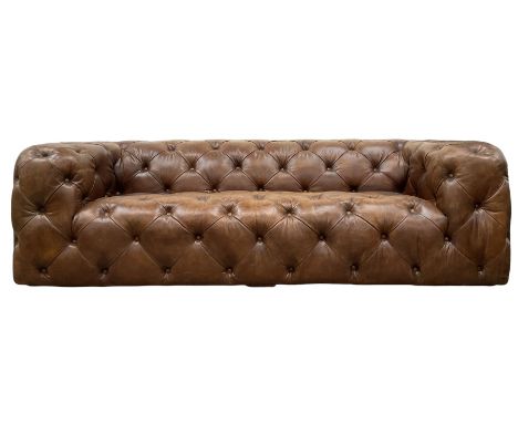 Three seat club sofa, upholstered in deeply button tan brown Brazilian leatherDimensions: Height:&nbsp;71cm&nbsp; Length/Widt