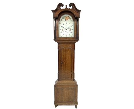 Oak cased 30hr chain driven longcase clock by Edmund Sagar of Skipton c 1795, with a Swans neck pediment above a break arch h