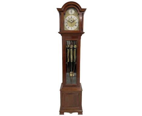 Mahogany cased 20th century longcase clock with a three-train weight driven rack striking German movement, chiming the quarte