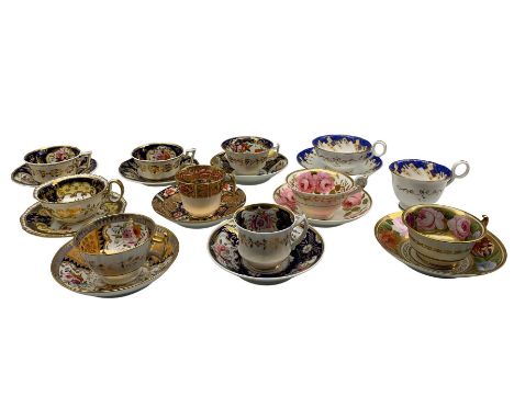 Early 19th century Daniel tea cup and saucer decorated with pink roses, mid 19th century Alcock trio with a floral spray with