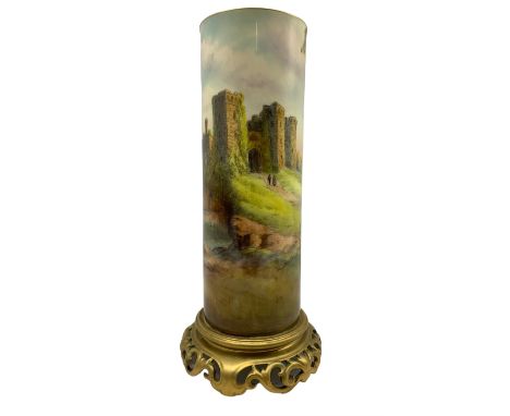 Royal Worcester vase decorated by Harry Ayrton, the cylindrical form body hand painted with a scene of Raglan Castle, signed 