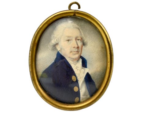 After Charles Robertson - Irish School oval portrait miniature, watercolour on ivory of a gentleman wearing a blue coat, insc