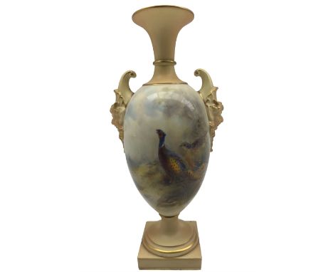 Early 20th century Royal Worcester blush ivory vase by H. A. Stinton, ovoid form with twin satyr mask handles and flared neck