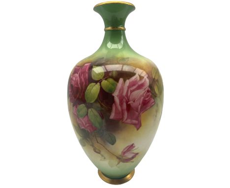 Early 20th century Royal Worcester vase by Walter H. Austin, the ovoid form body hand painted with roses against a faded gree