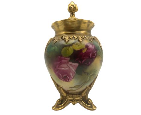 Early 20th century Royal Worcester pot pourri vase and cover, ovoid form body with pierced cover and floral finial, hand pain