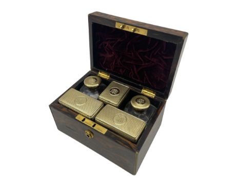 Victorian coromandel mounted ladies travelling toilet case, circa 1861, rectangular form inlaid with brass bound corners, the