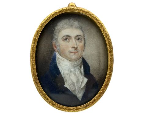 19th century oval portrait miniature, watercolour on ivory of a gentleman wearing a blue coat and white stock 7cm x 5cm. This