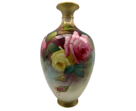 Early 20th century Royal Worcester ovoid form vase, the body hand painted with roses, unsigned, upon circular foot, with puce