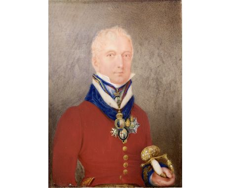 H Harding - Portrait miniature, watercolour on ivory of a Gentleman wearing a scarlet tunic, orders and decorations signed an