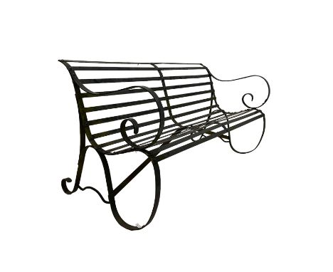Early-to-mid 20th century strapwork black painted iron garden bench, with scroll arms and supportsDimensions: Height:&nbsp;77