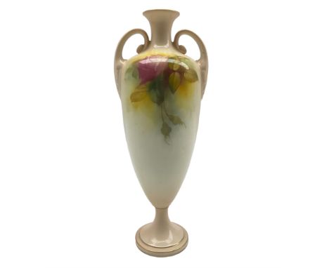 Mid 20th century Royal Worcester vase by Mildred Hunt, of ovoid form with twin acanthus and scroll mounted handles, the body 