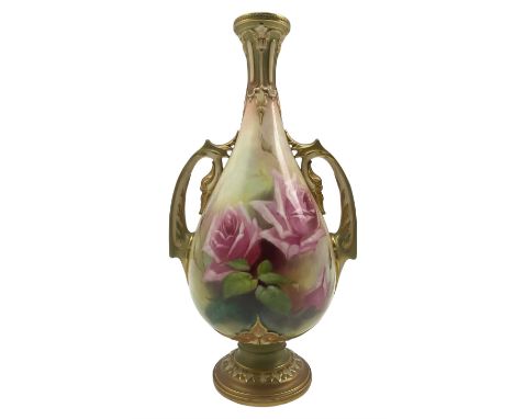 Early 20th century Royal Worcester vase by William Jarman, of pear form with twin acanthus mounted handles and slender neck, 