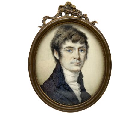 19th century oval portrait miniature, watercolour on ivory of a young gentleman wearing a blue coat 5.5cm x 4.5cm. This item 