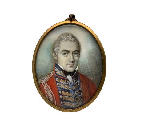 19th century oval portrait miniature, watercolour on ivory of a military officer in scarlet tunic 6cm x 5cm. This item has be