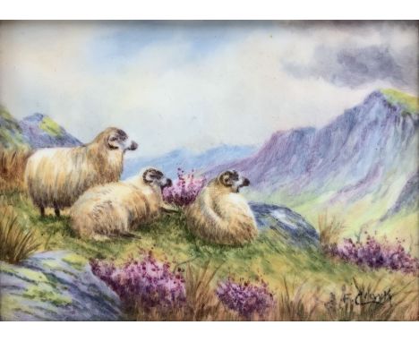 20th century rectangular porcelain panel by F. Clark, hand painted with Highland sheep against mountainous landscape, signed 